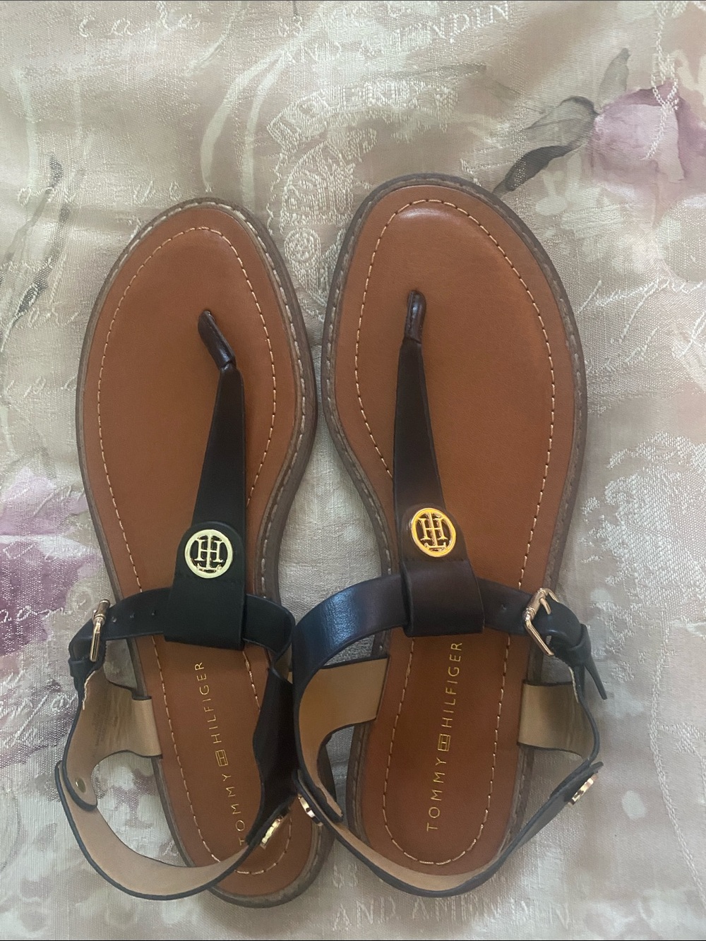 Tommy Hilfiger Black and Brown Logo T-Strap Sandals
